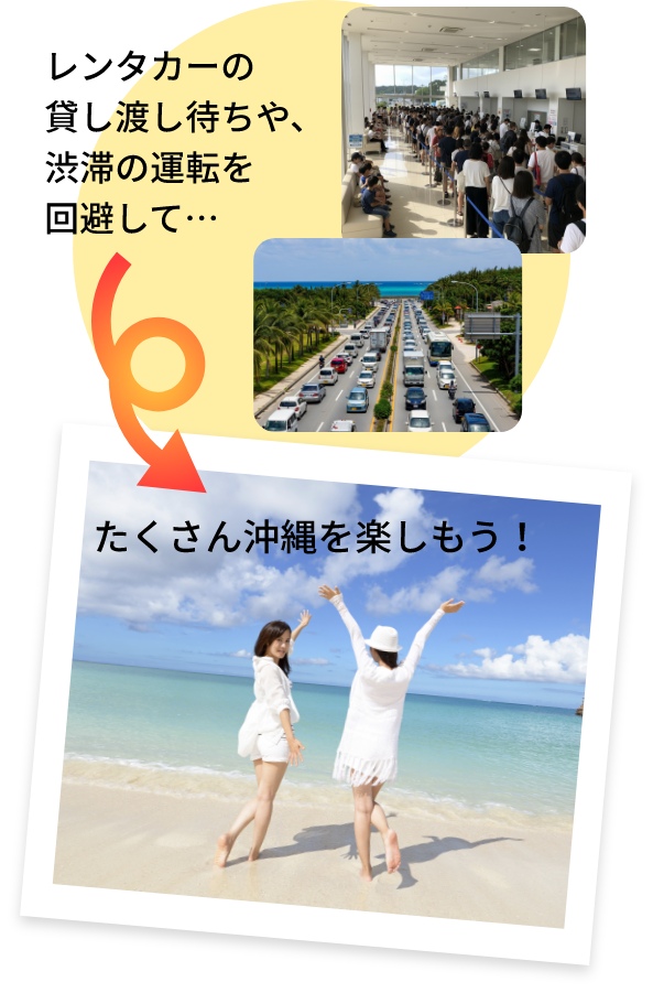 レンタカーの貸し渡し待ちや、渋滞の運転を回避して…たくさん沖縄を楽しもう！